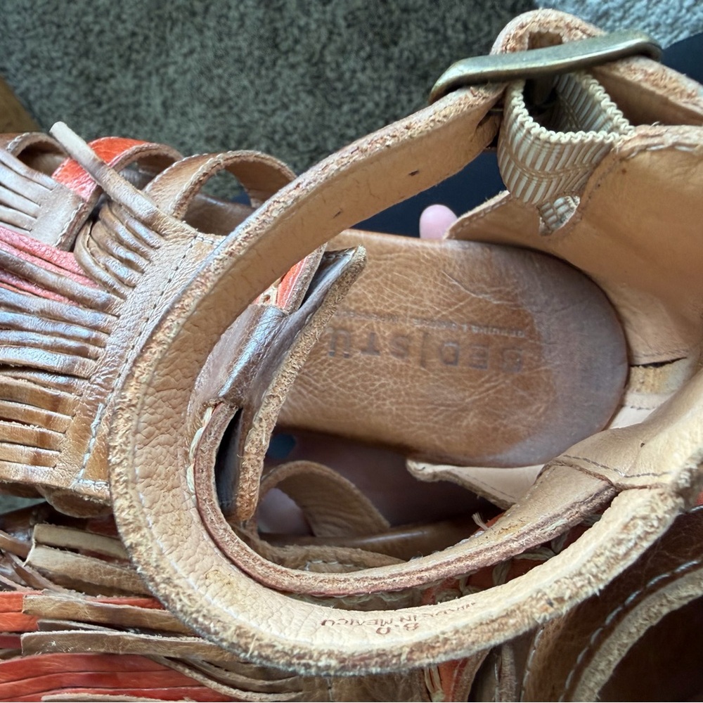 Bed Stu Brown Leather Fringe Sandals with Red Accents - Picture 7 of 8